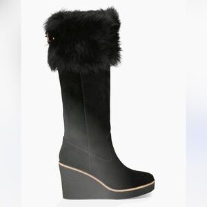 Ugg Valberg Knee-High Wedge Winter Boots with Fur Size 9- Black